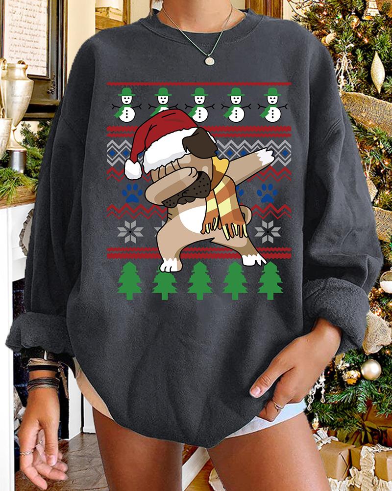 

Christmas Dog Snowman Tree Print Long Sweatshirt, Gray