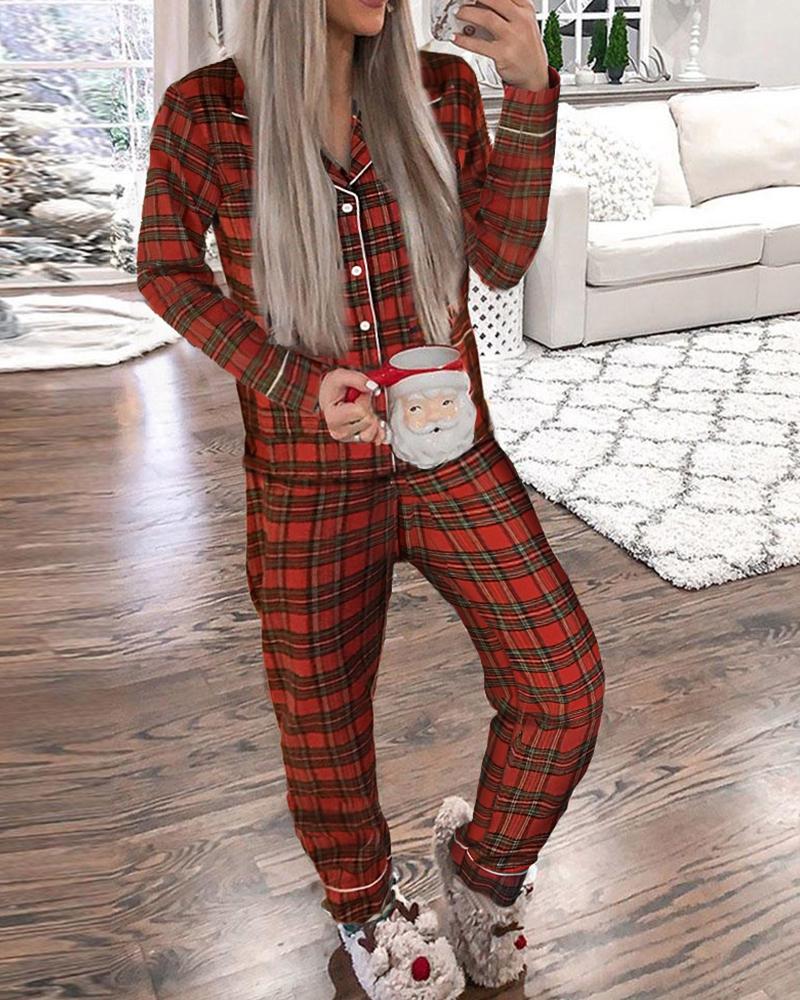 

Christmas Plaid Print Pajamas Set, Red