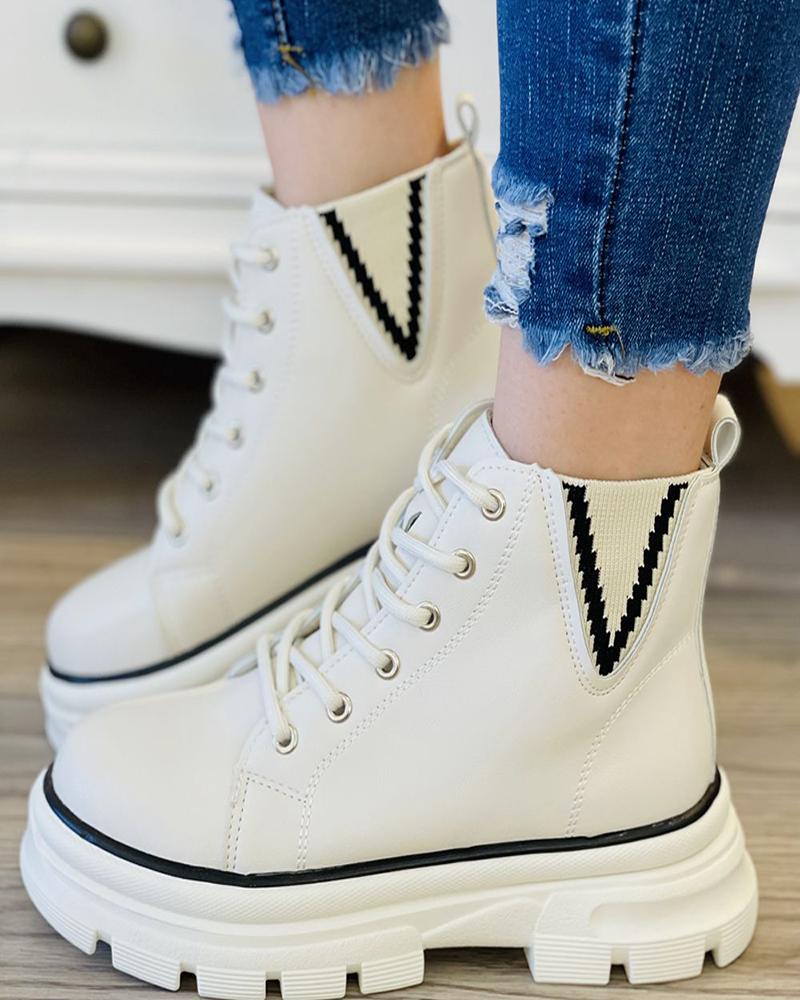 

Chevron Pattern Eyelet Lace-up Combat Boots, White