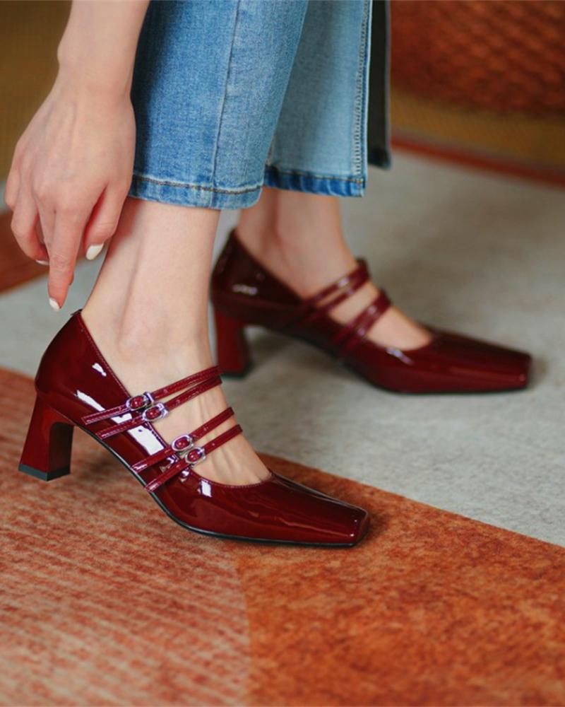 

Square-toe Solid Color Splicing Buckles Heel Jenny Shoes, Wine red