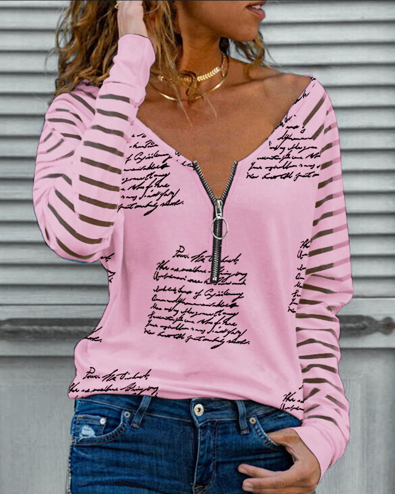 

Letter Print Zipper Design V-Neck Top, Pink