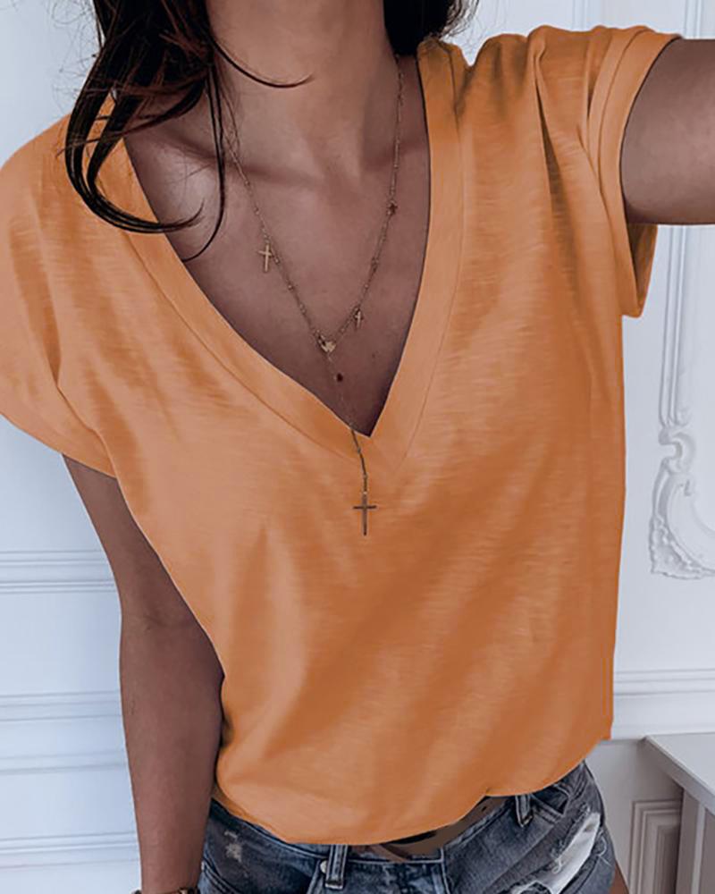 

V-Neck Short Sleeve Top, Orange