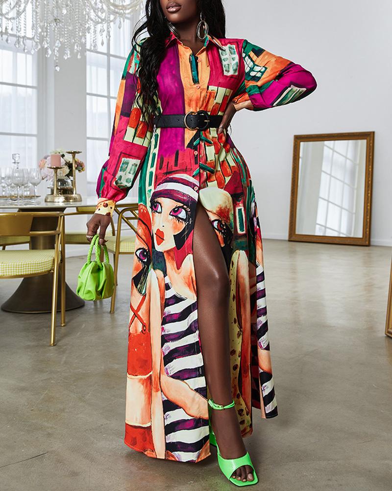 

Buttoned Abstract Figure Print Shirt Dress, Hot pink