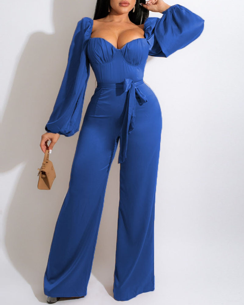 

Puff Lantern Sleeve Shirred Back Belted Jumpsuit, Blue