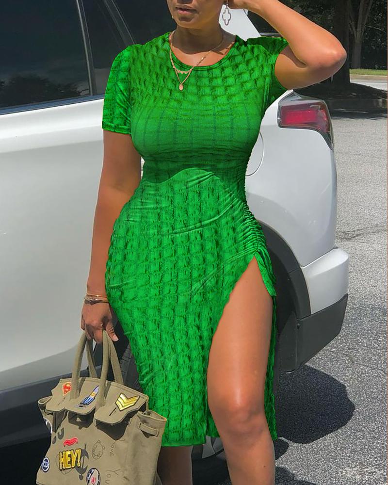

Plaid Print Drawstring Ruched High Slit Dress, Green