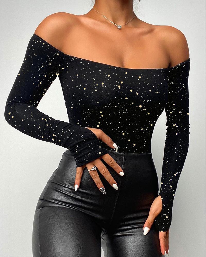 

Bronzing Dot Off Shoulder Slim Fitted Top Long Sleeve Shirt Tee, Black