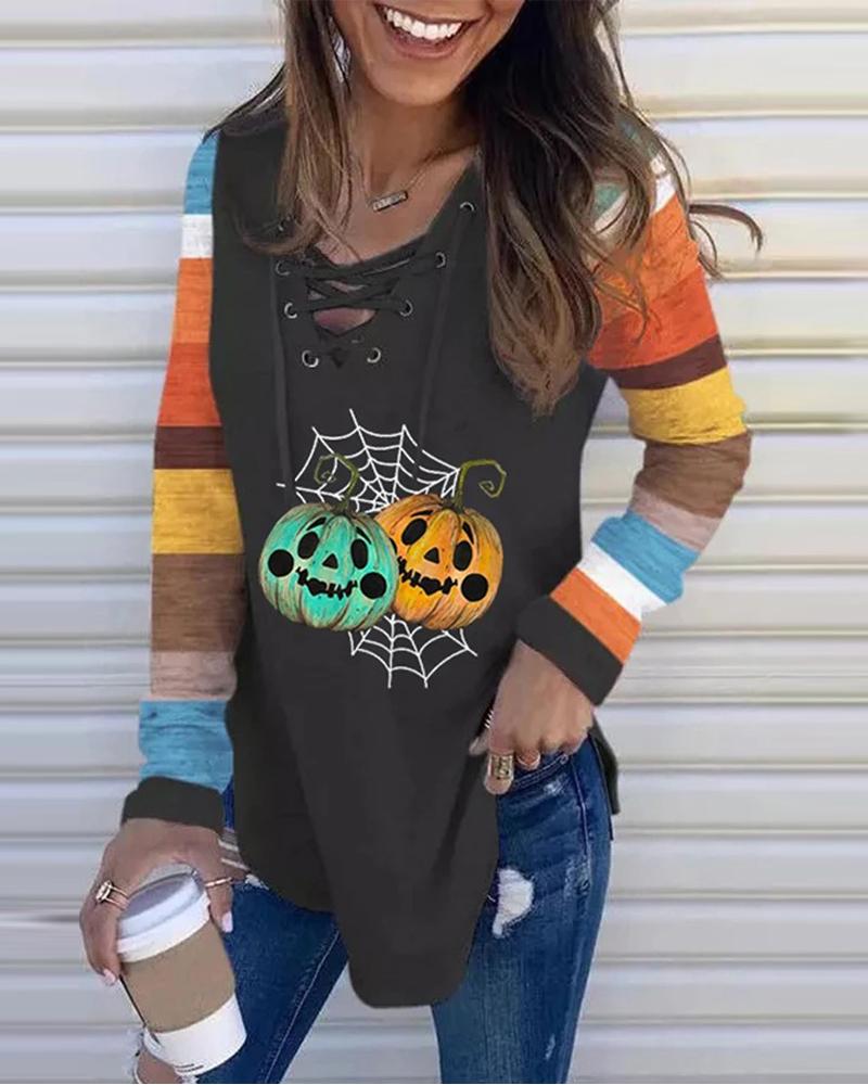 

Halloween Pumpkin Print Eyelet Lace-up Long Sleeve Top, Black