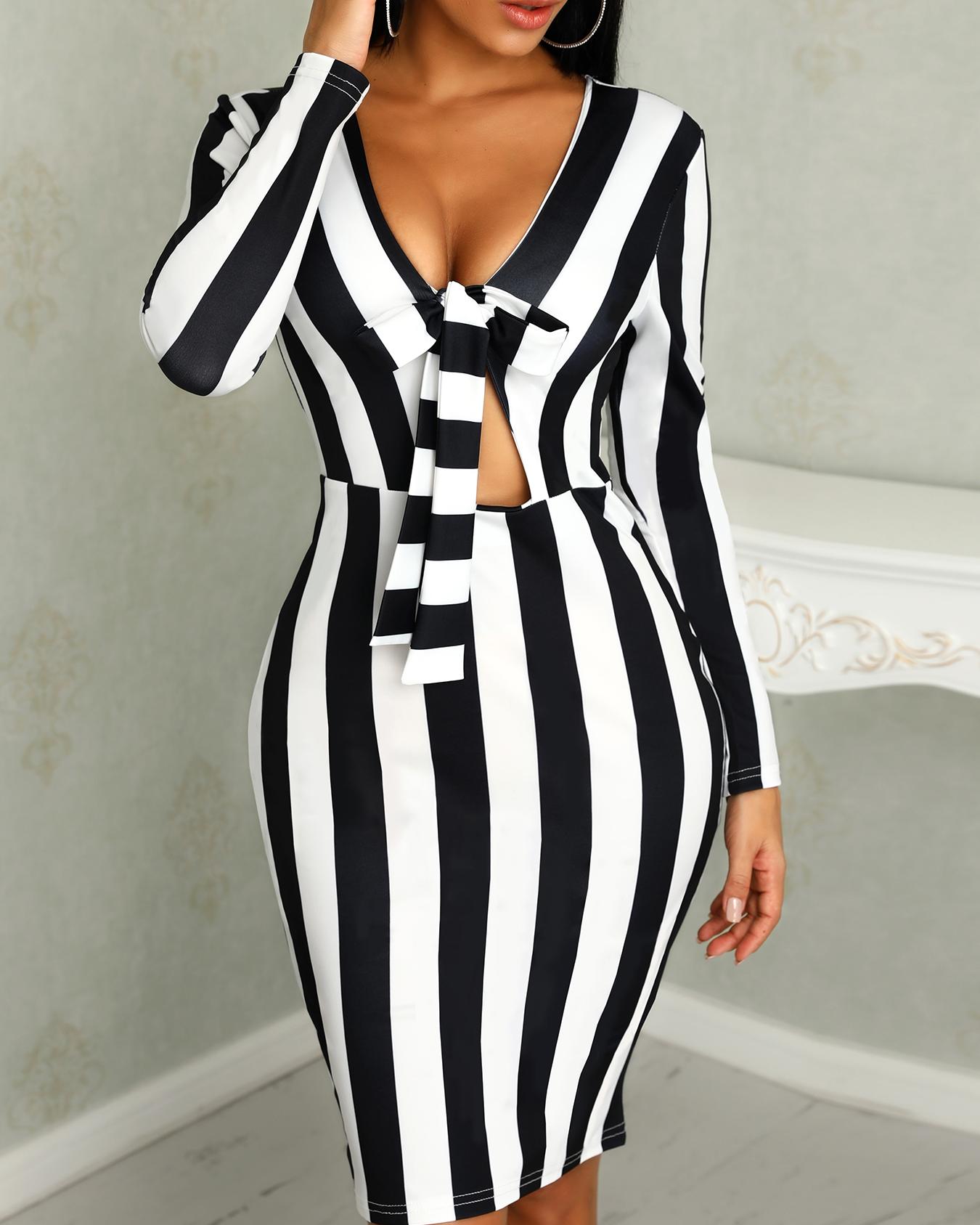 

Contrast Stripes Long Sleeve Knotted Bodycon Dress, Black