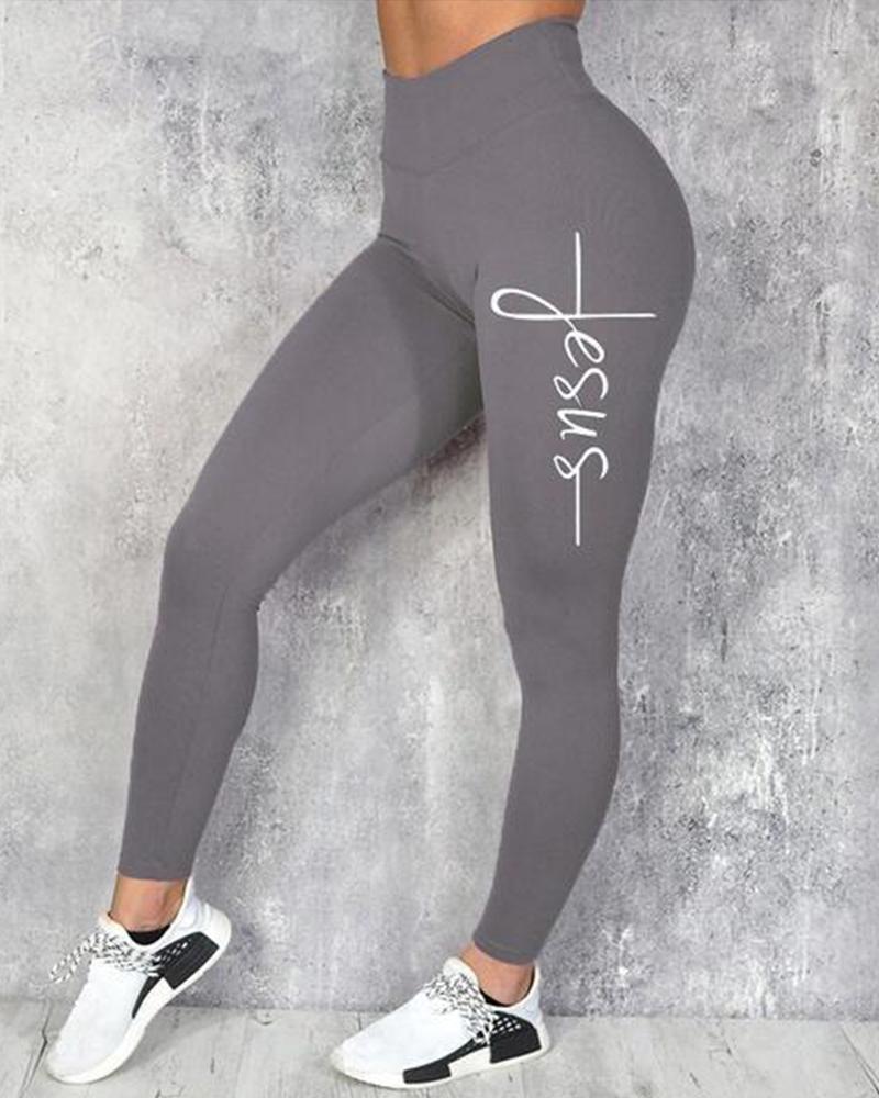 

Letter Print Skinny Yoga Pants, Gray