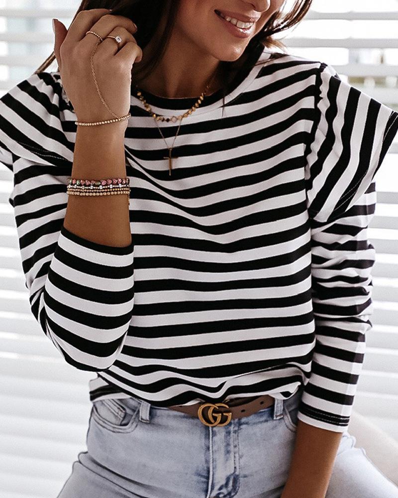 

Striped Ruffle Hem Long Sleeve Top, Black