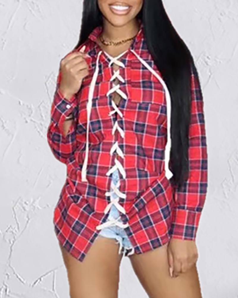 

Plaid Print Long Sleeve Lace-up Shirt, Red