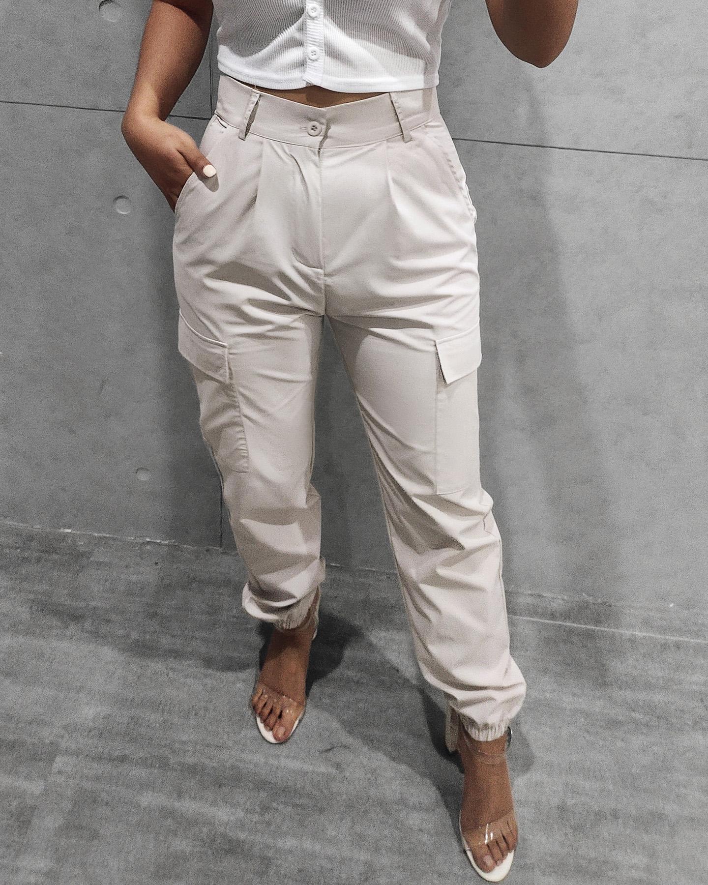 

Pocket Design High Waist Cargo Pants, Apricot