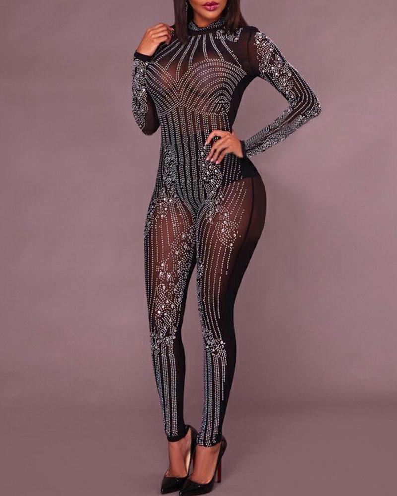 

Long Sleeve Studded Skinny Jumpsuit, Black
