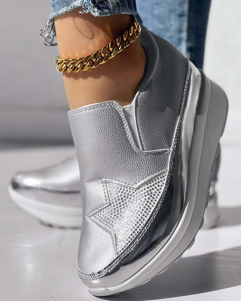 

Rhinestone Star Pattern Platform Muffin Sneakers, Silver