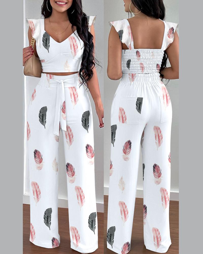 

Feather Print Shirred Crop Top & High Waist Pants Set, White