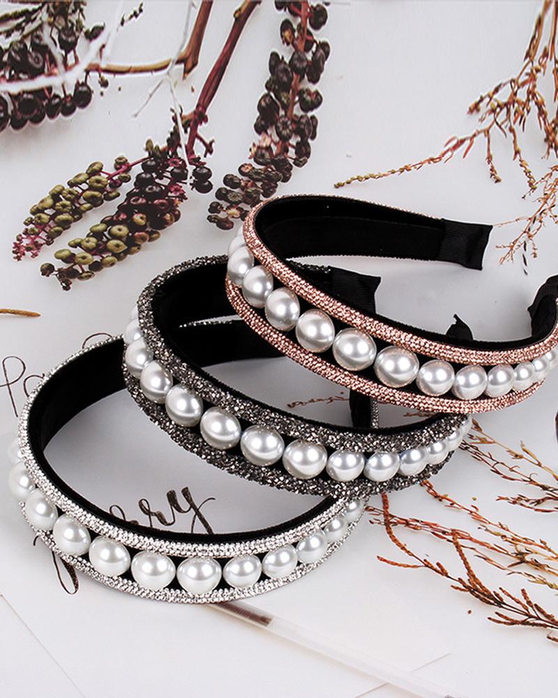 

1pc Rhinestone Pearls Decor Vintage Headband, Silver