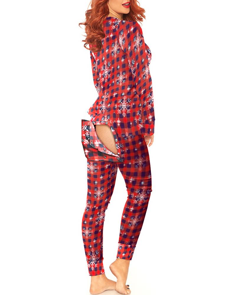 

Christmas Snowflake Plaid Functional Buttoned Flap Adults Pajamas, Red