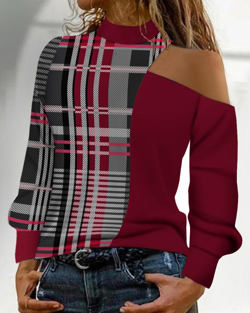 

Plaid Print Cold Shoulder Top, Red