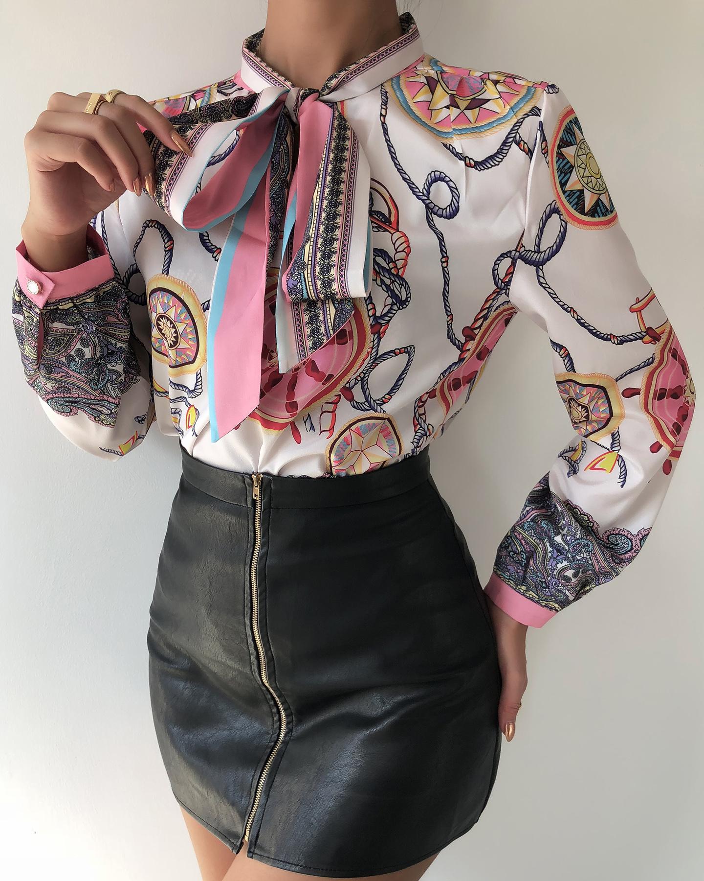 

Tie Neck Scarf Print Casual Shirt, Pink