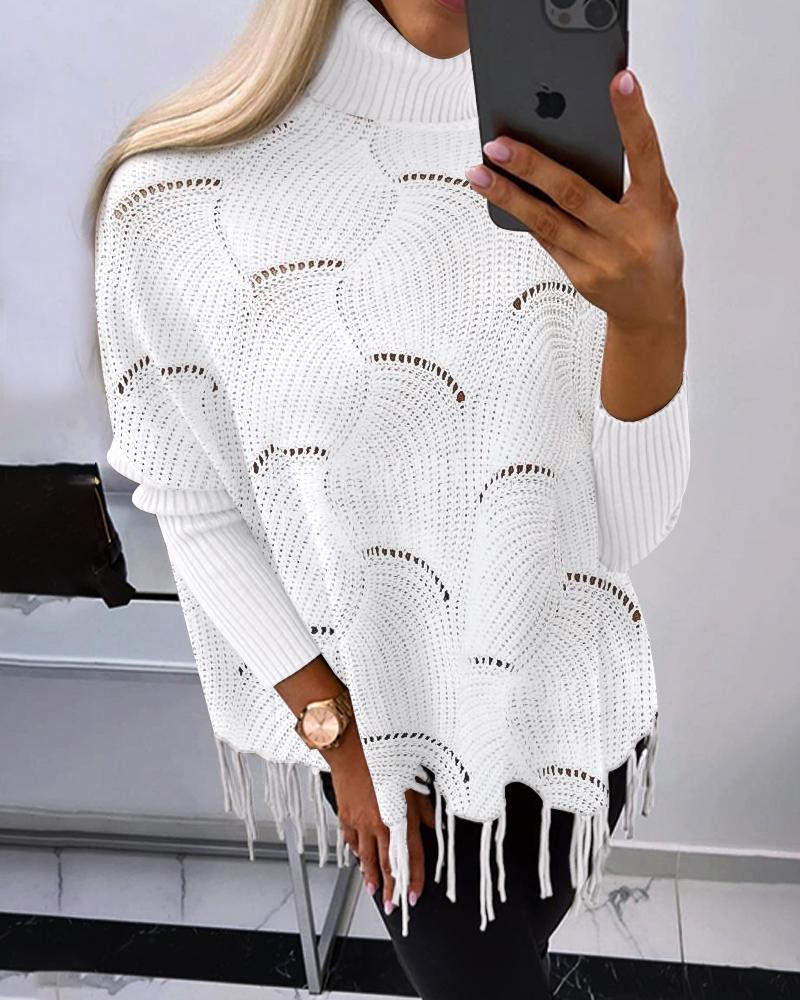 

Turtleneck Hollow Out Tassel Design Knit Sweater, White