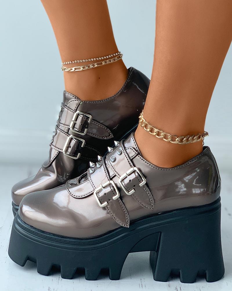 

Studded Decor Buckled Platform Chunky Boots, Brown