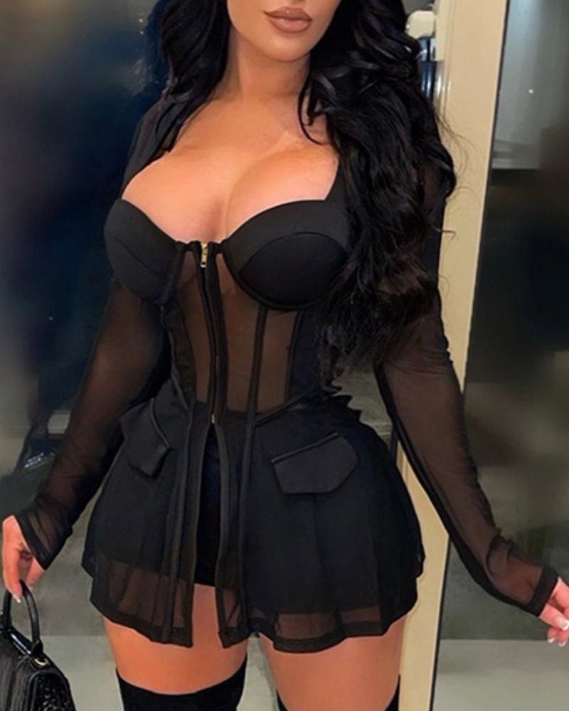 

Zipper Pocket Design Sheer Mesh Top & Shorts Set, Black