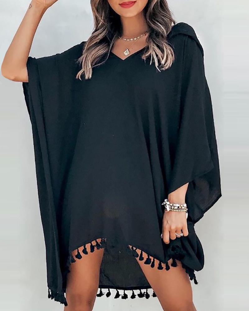 

Batwing Sleeve Tassel Trim Casual Top, Black