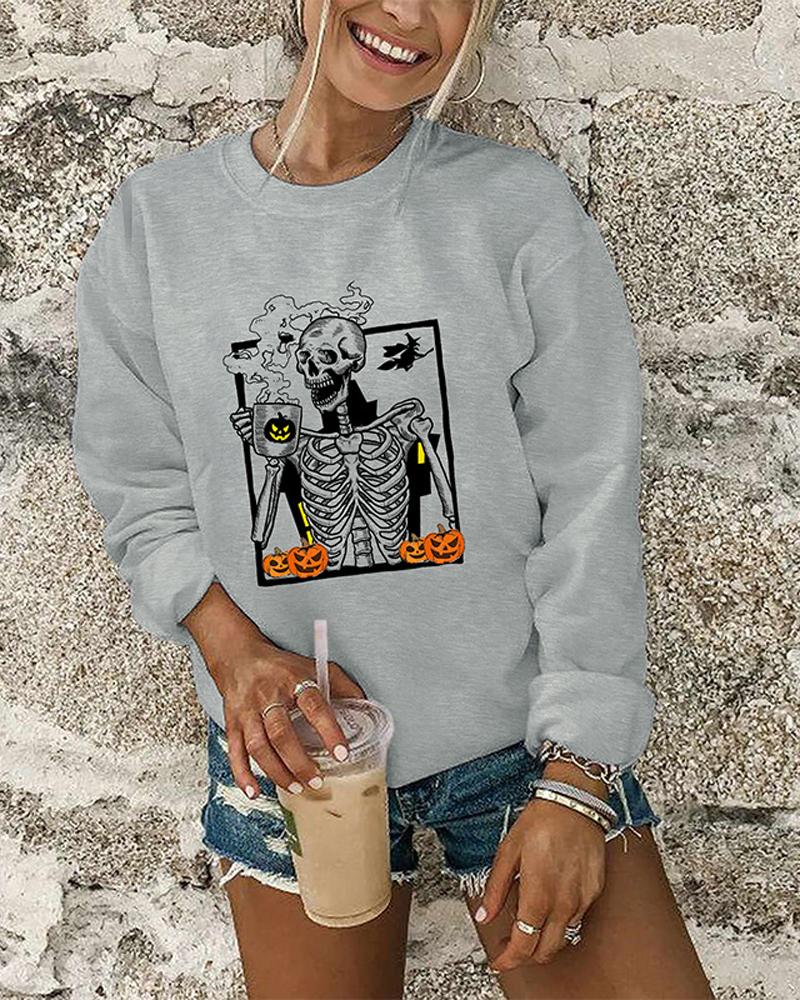 

Halloween Pumpkin Skeleton Print Long Sleeve Top, Light gray