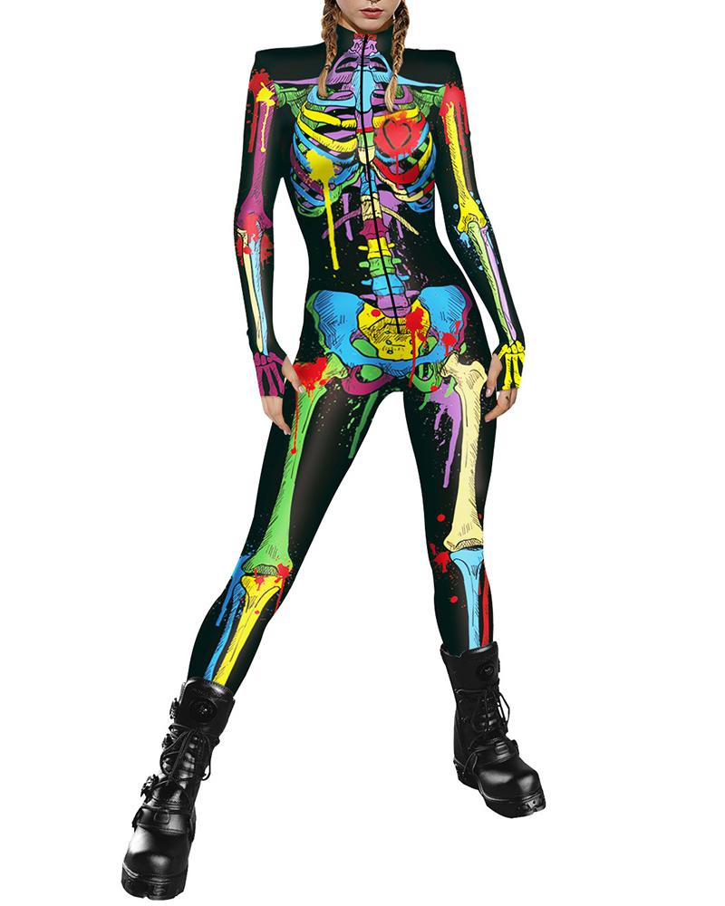 

Halloween Colorful Skeleton Print Costume Jumpsuit, Multicolor