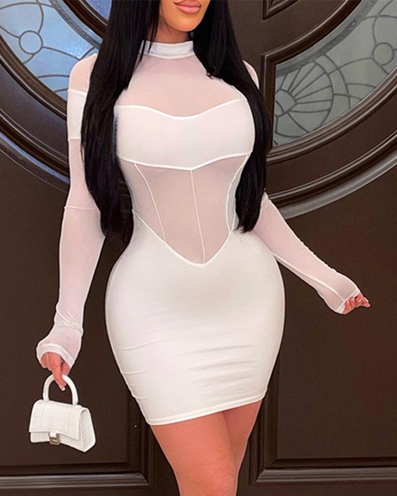 

Contrast Mesh Long Sleeve Bodycon Dress, White