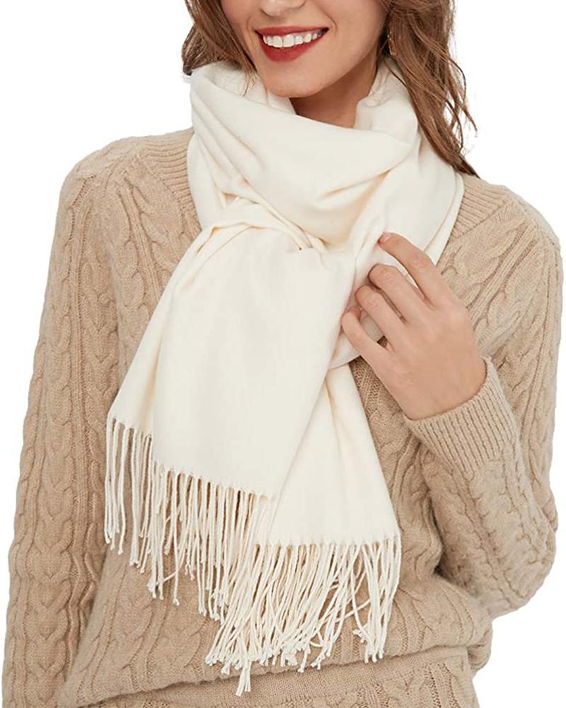

Women's Warm Long Pure Color Tassel Winter Scarf, White