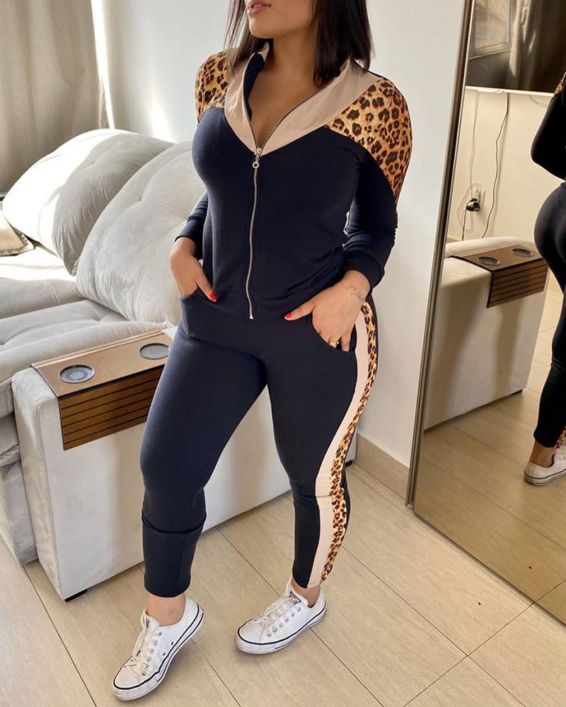 

Cheetah Print Colorblock Zipper Design Top & Skinny Pants Set, Black