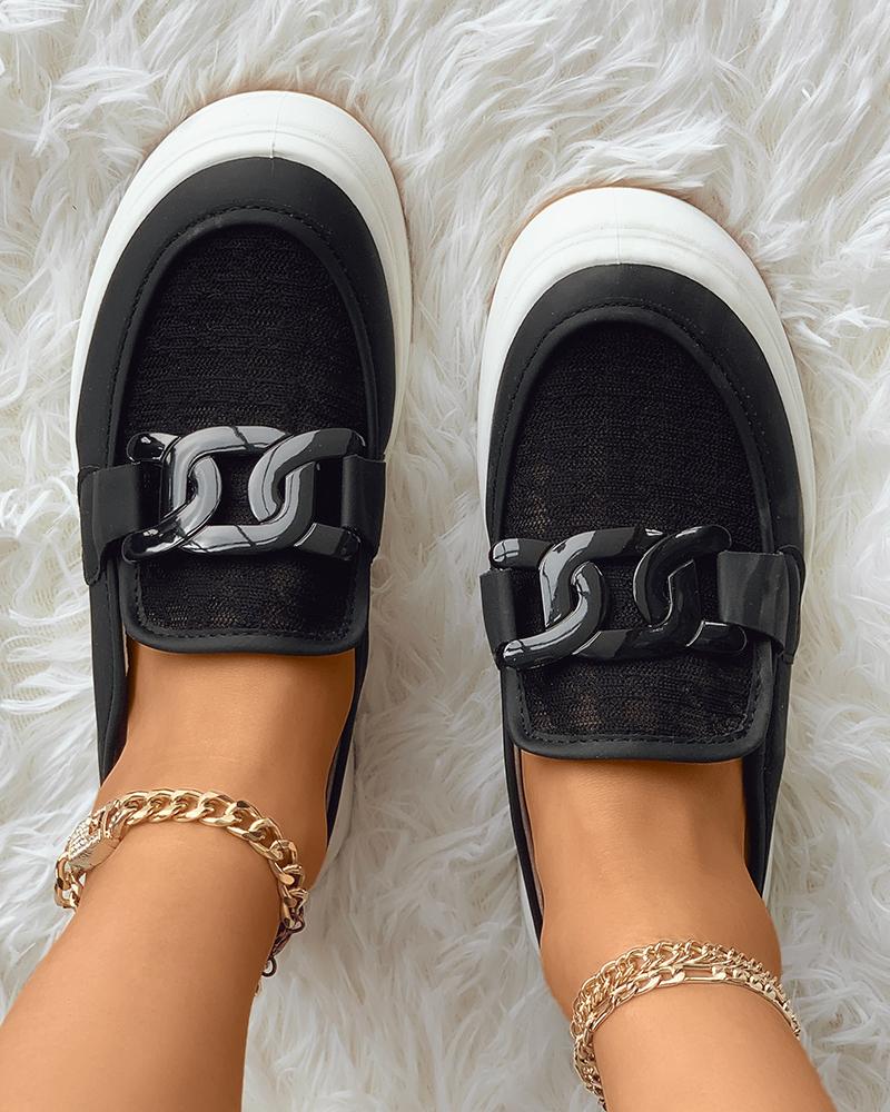 

Chain Decor Casual Slip On Flats, Black