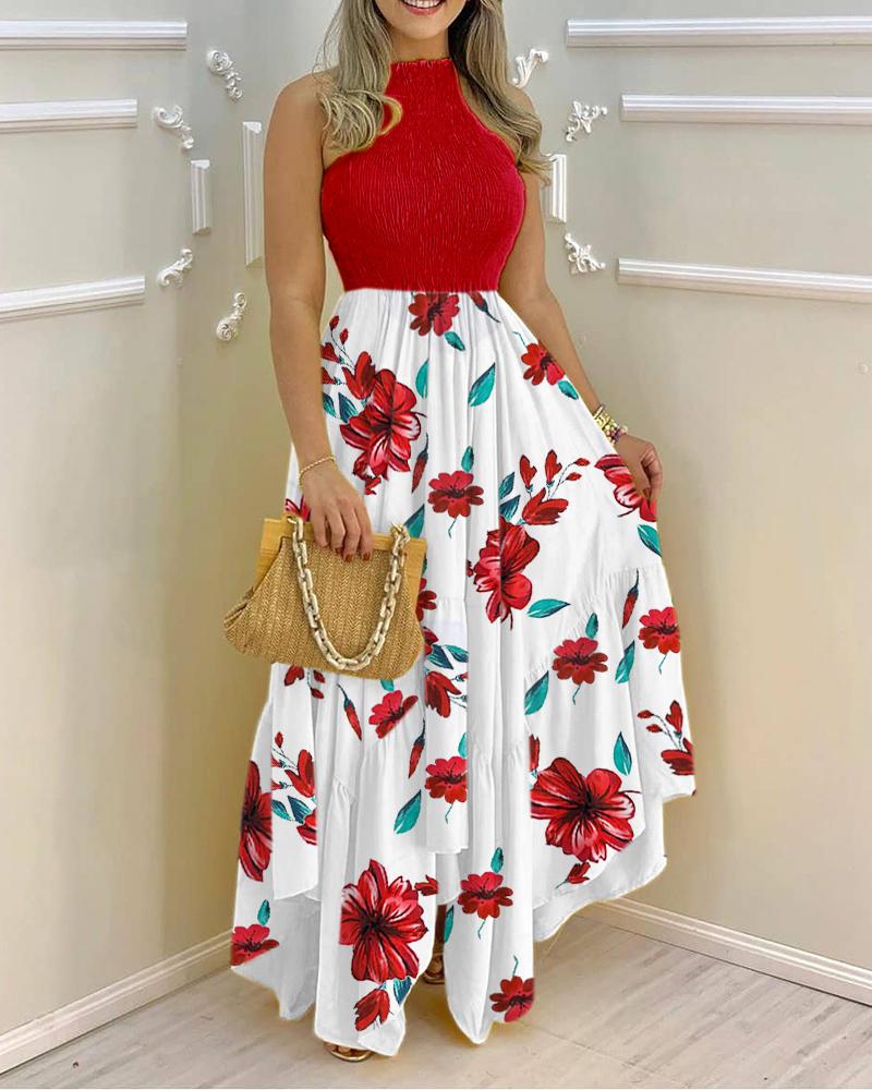 

Mock Neck Floral Print Sleeveless Ruched Maxi Dress, Red