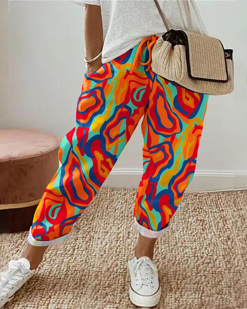 

Multi-Color Abstract Print Drawstring Pants, Orange