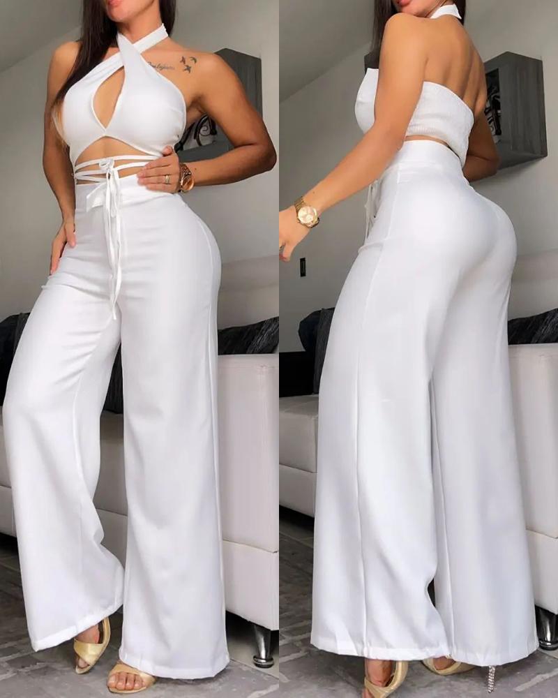 

Halter Tied Detail Cutout Top & Wide Leg Pants Set, White