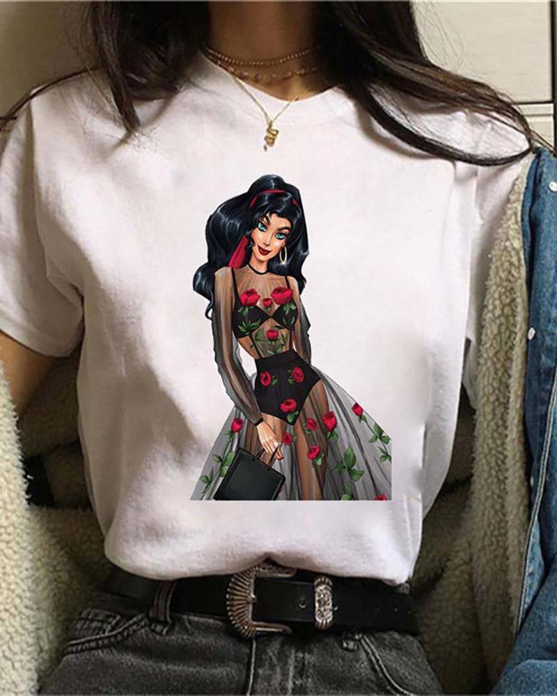 

Figure Graphic Letter Print Short Sleeve Casual T-shirt, Style1