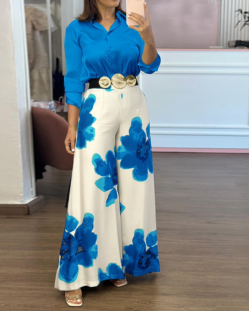 

Conjunto de 2 piezas: blusa de satén de manga larga y pantalón informal de cintura alta con estampado floral y pierna ancha., Blue