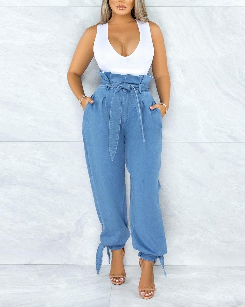 

High Waist Frill Hem Self Tie Jeans, Blue