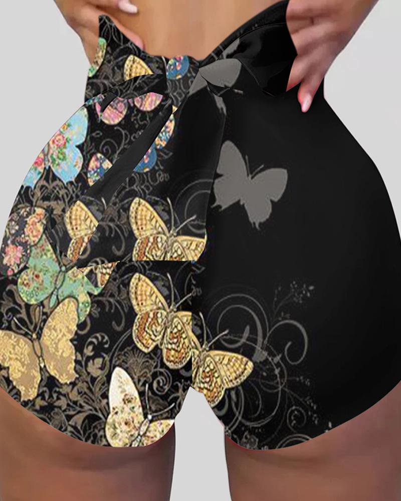 

Butterfly Print Colorblock Bowknot Decor Butt Lifting Yoga Shorts, Black