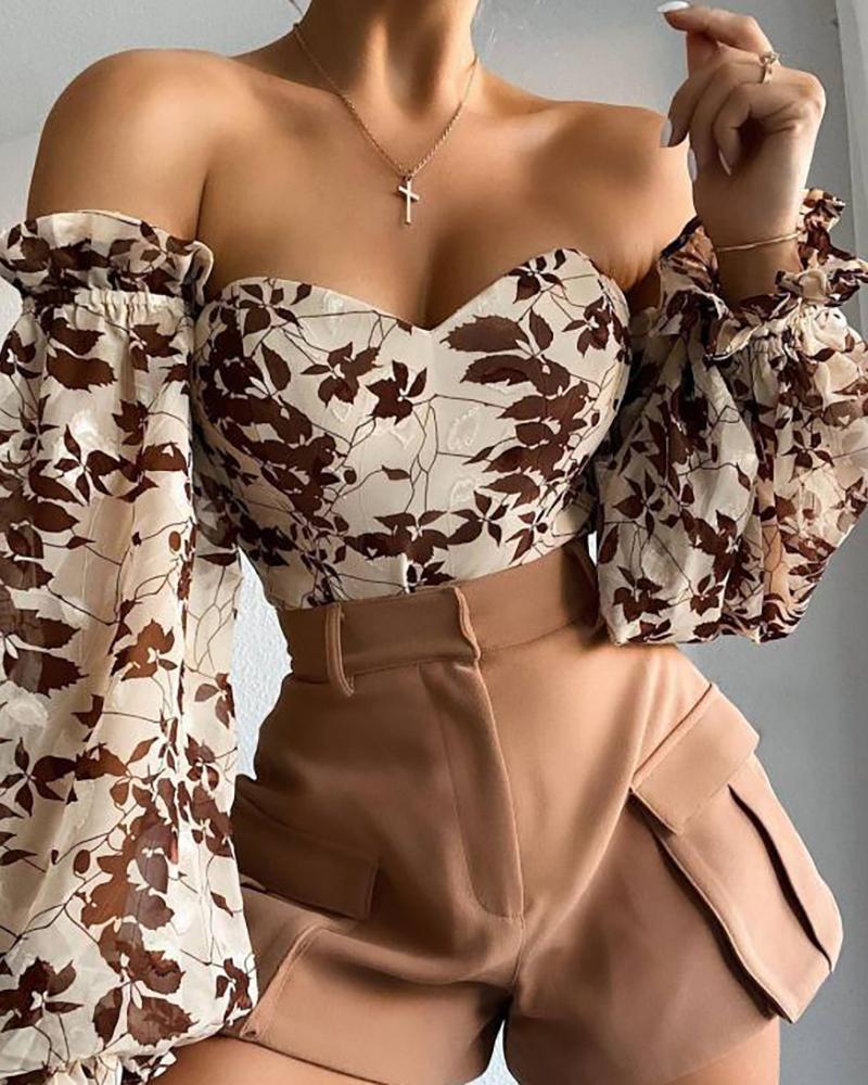 

Off Shoulder Lantern Sleeve Floral Print Top, Apricot