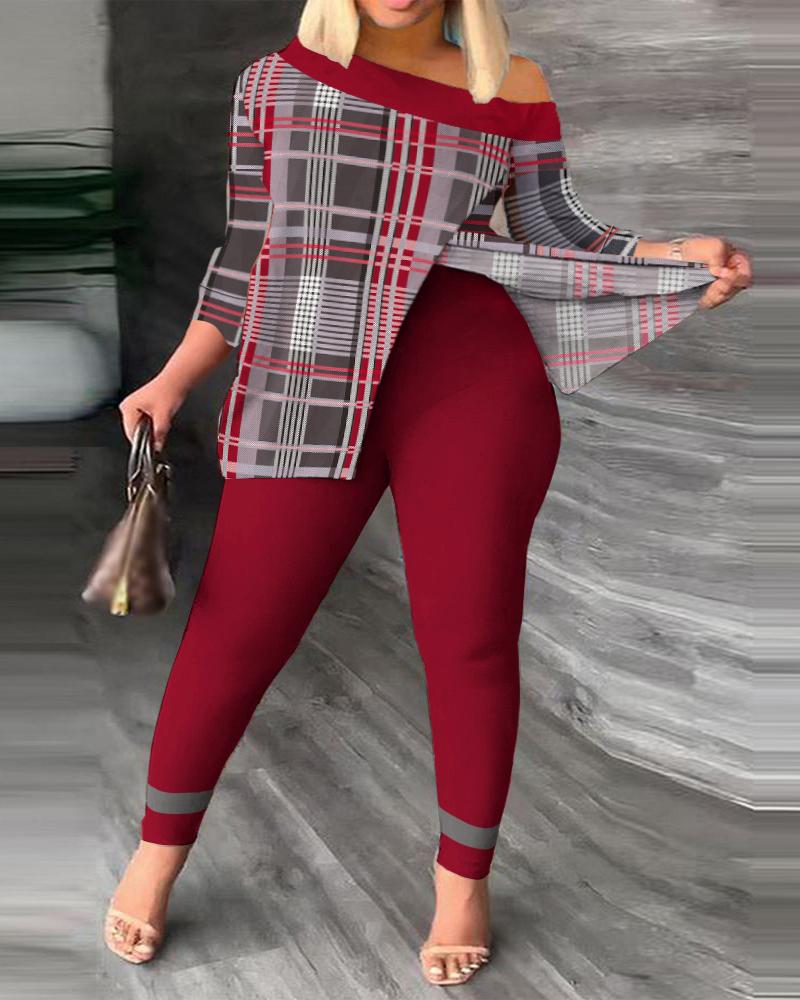 

Plus Size Plaid Print Skew Neck Top & Pants Set, Wine red