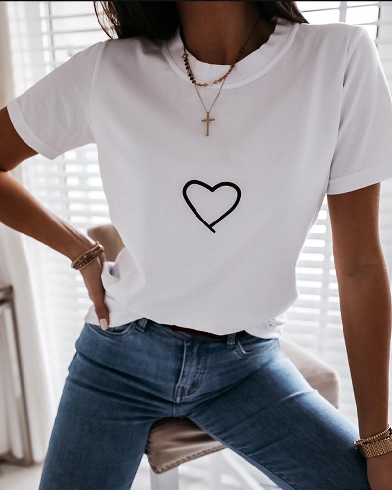 

Heart Print Short Sleeve Casual T-shirt, White