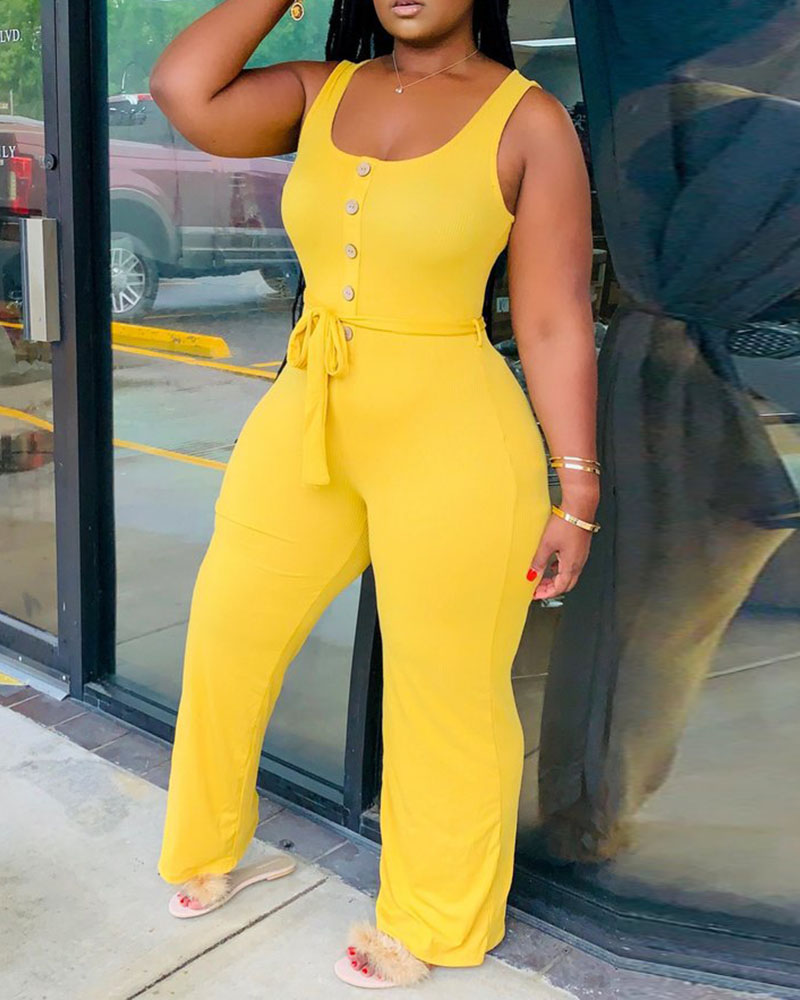 

Button Design Thick Strap Wide Leg Jumpsuit With Belt, Yellow