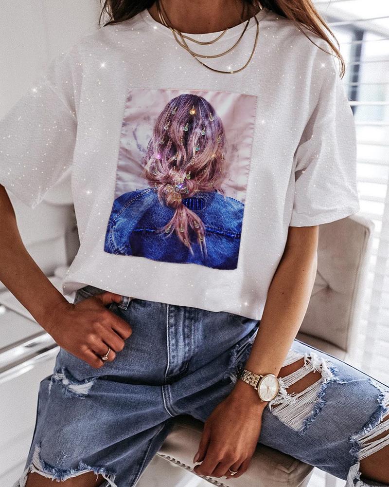 

Print Glitter Beaded Casual T-shirt, White
