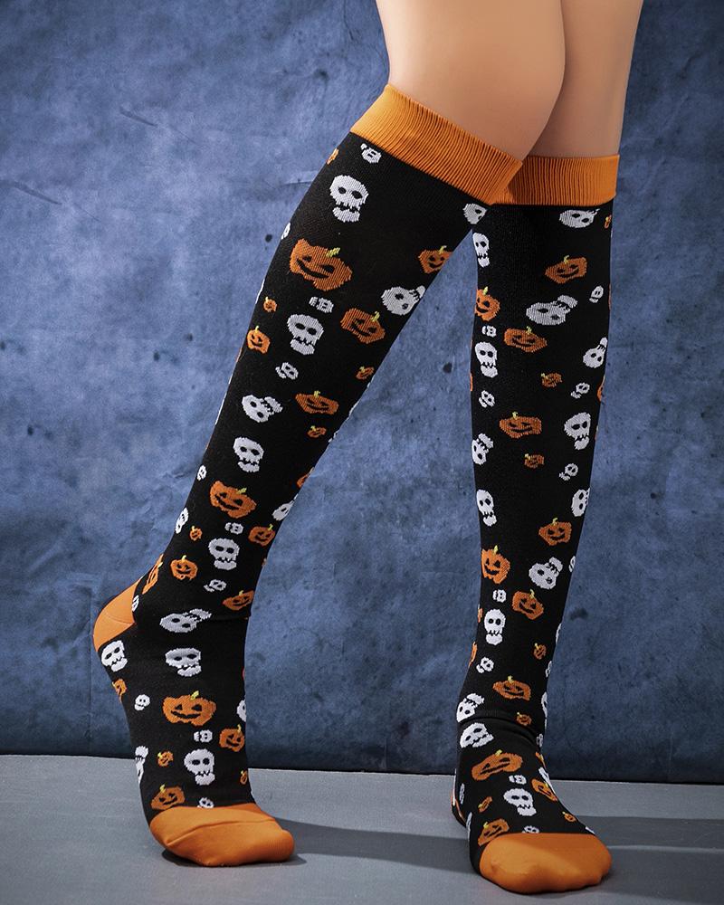 

1Pair Halloween Pumpkin Skull Pattern Over The Knee Compression Socks, Orange