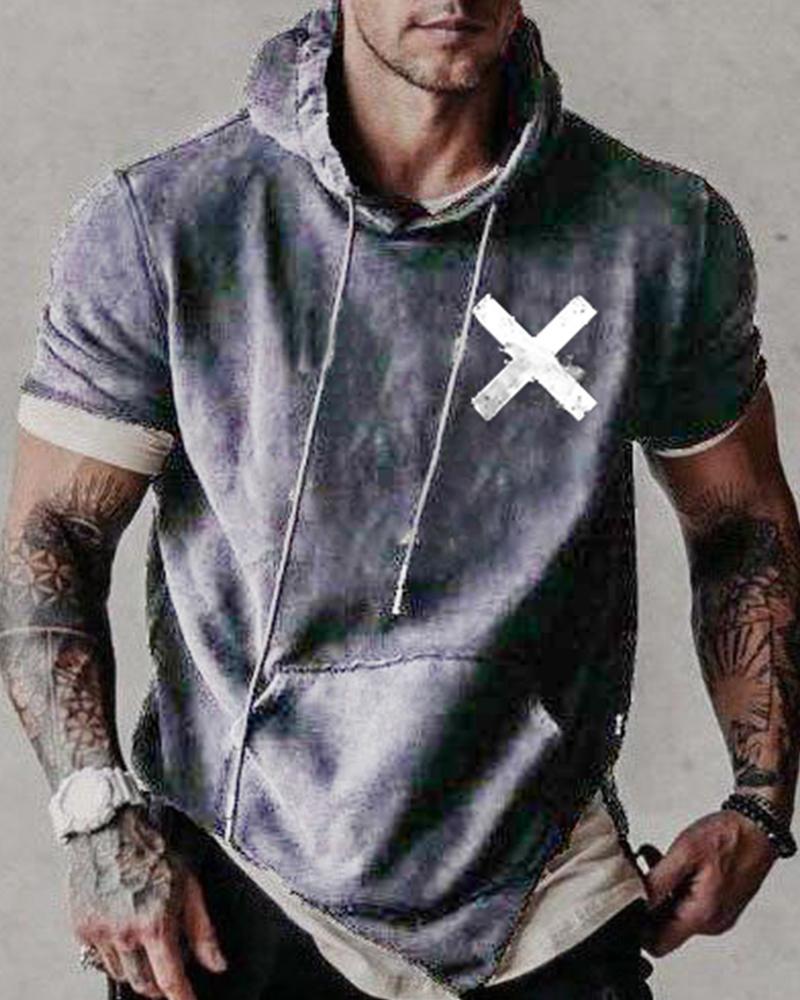 

X Pattern Print Short Sleeve Hooded Sweatshirts, Gray