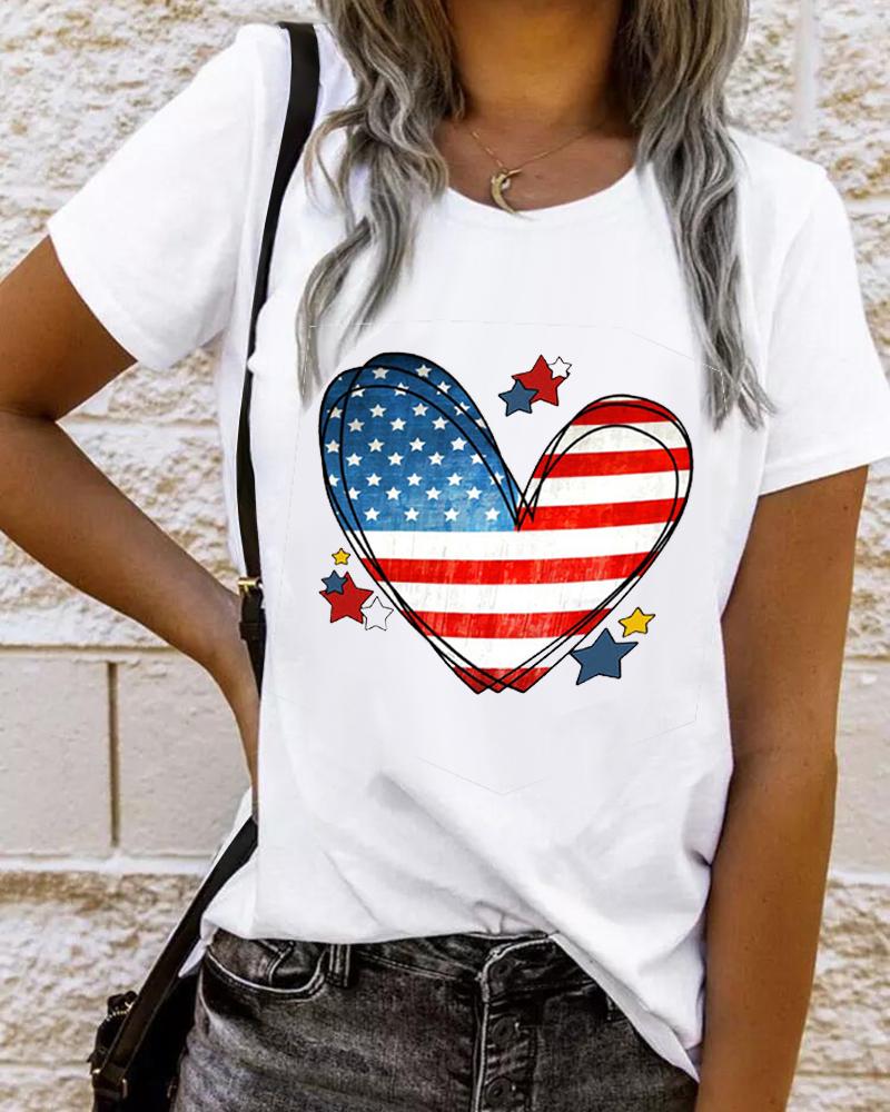 

Independence Day Flag Heart Print Casual T-shirt, White