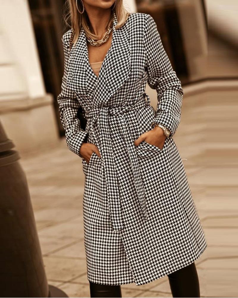 

Houndstooth Print Long Sleeve Belted Coat, Black