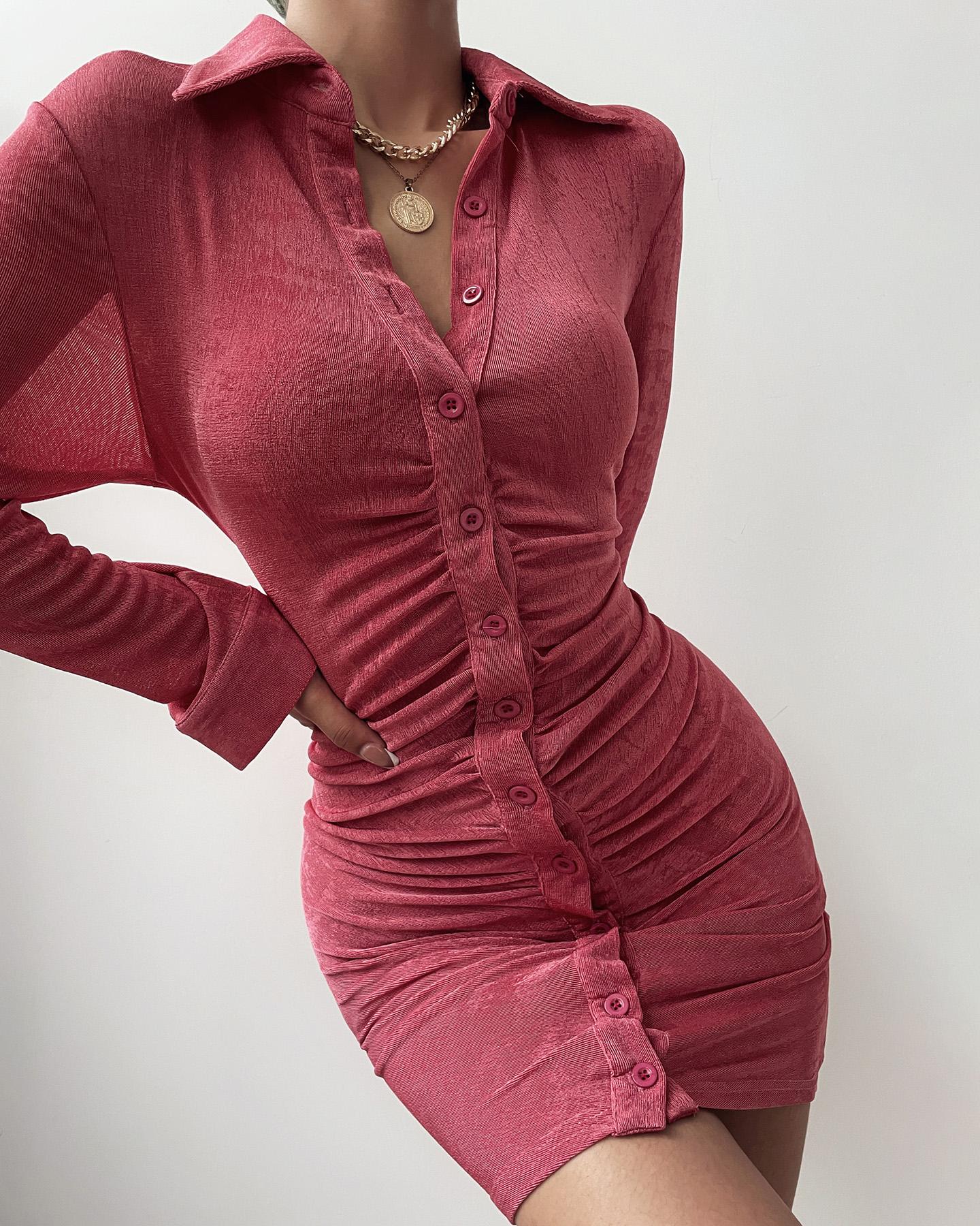 

Solid Button Up Ruched Mini Dress, Pink